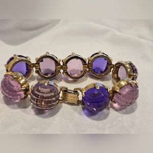 Vintage Fauceted Dome Cut Pink And Purple Glass Cabochon Link Bracelet 7"
